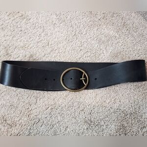 Anthropologie Black Leather Belt with Gold Buckle (M/L)